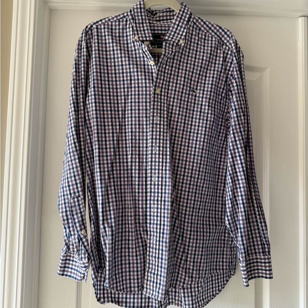 Vineyard Vines purple and blue checkered button down